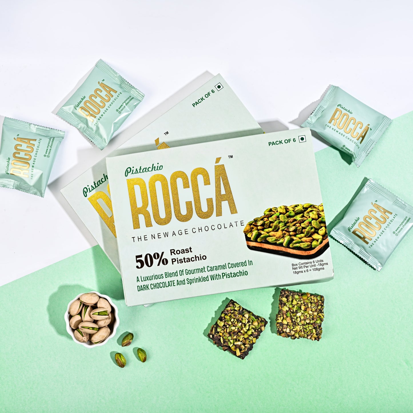 Pistachio ROCCÁ - Gourmet Pistachio Brittle Chocolates (Pack of 6)