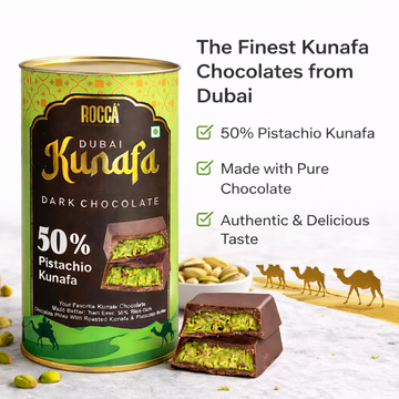 ROCCA Dubai Viral Kunafa Dark Chocolate - 50% Fillings, 45% Dark Chocolate | Small Batch Crafted | Elegant Re-usable Packaging | Ideal for Gifting & Self-Consumption